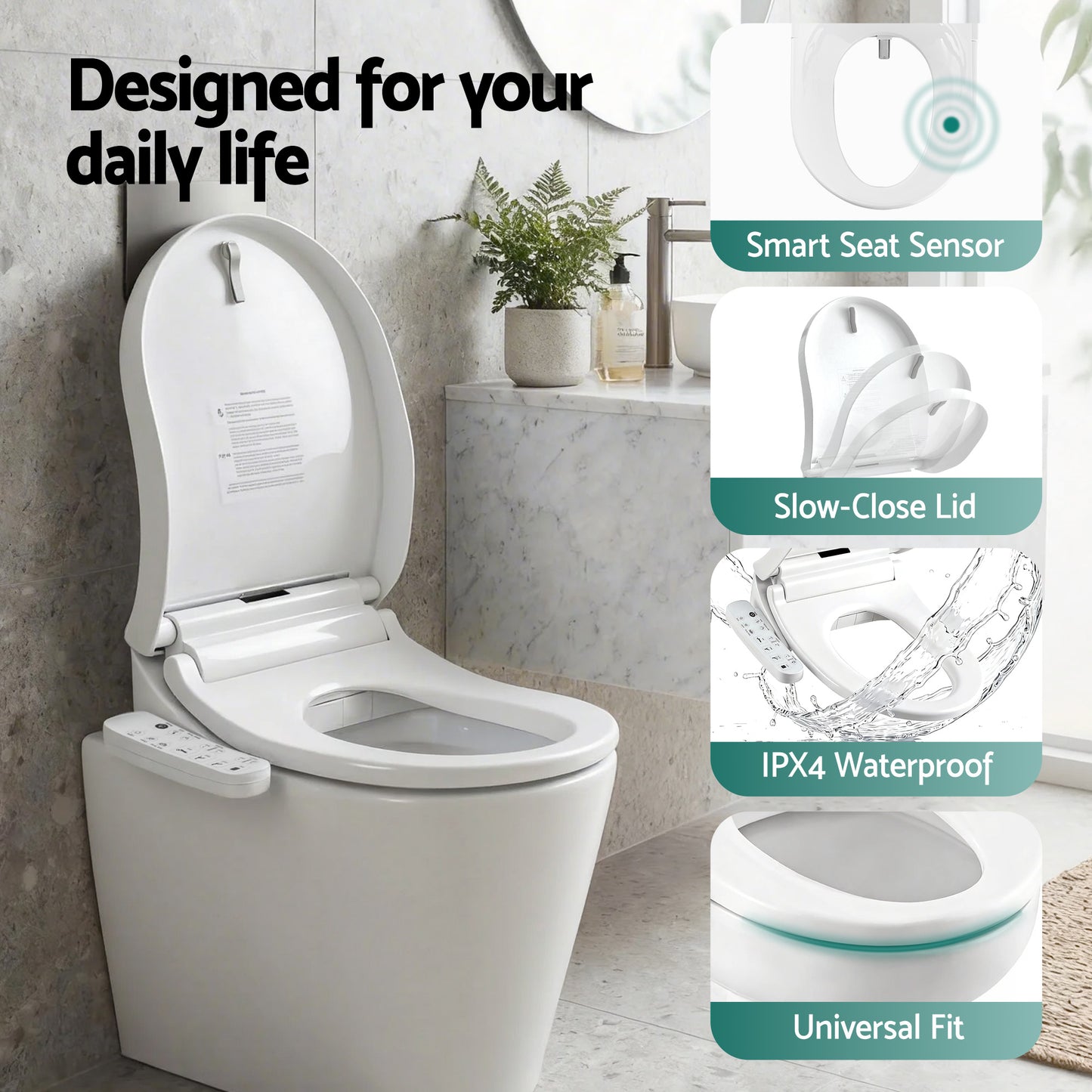 Smart toilet with seat sensor, slow-close lid, IPX4 waterproof, universal fit for modern bathrooms