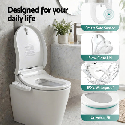 Smart toilet with seat sensor, slow-close lid, IPX4 waterproof, universal fit for modern bathrooms