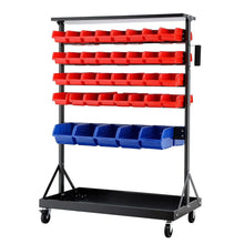 Rolling storage bin rack with red and blue plastic trays for garage or warehouse organization