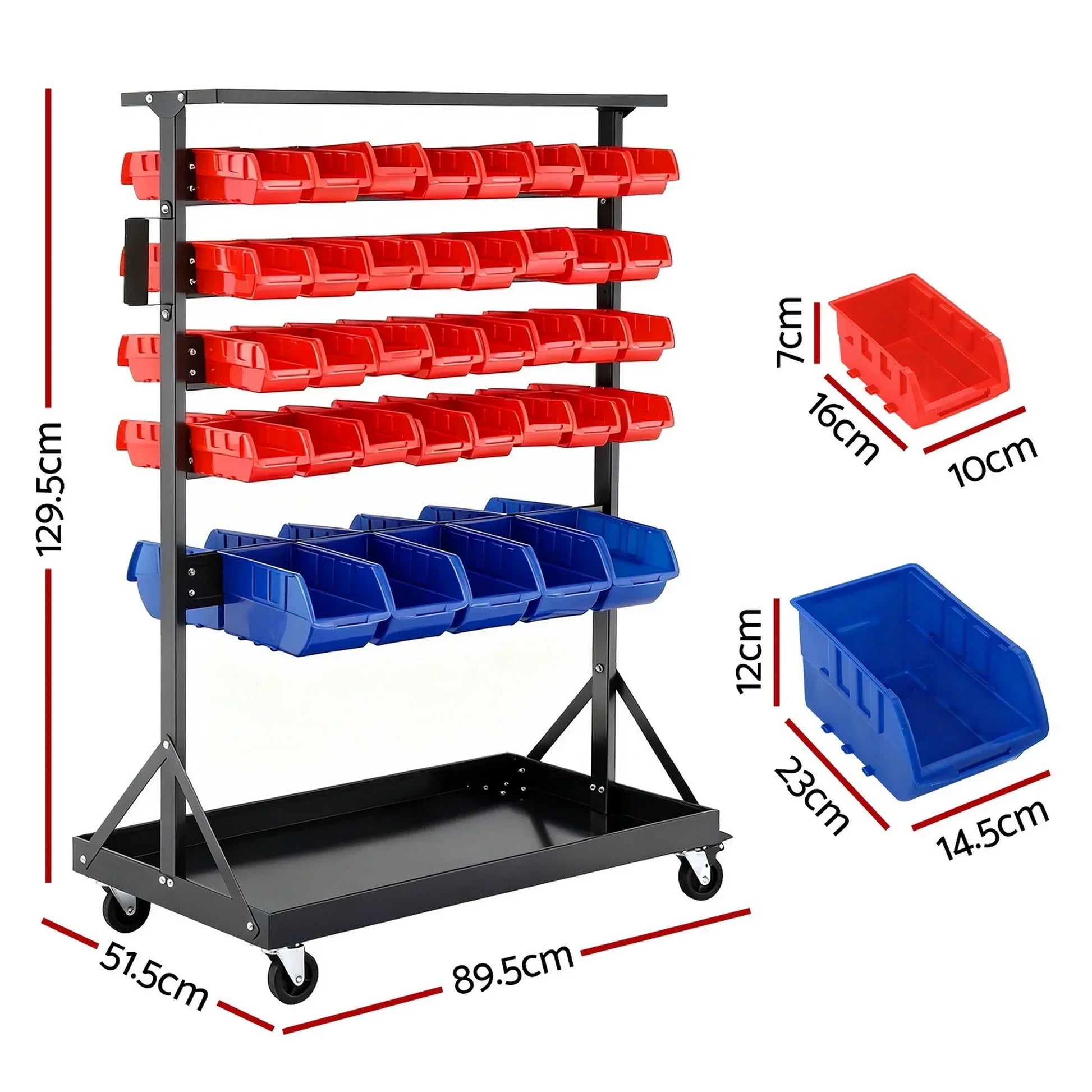 Mobile storage rack with red and blue plastic bins, showing detailed size measurements.