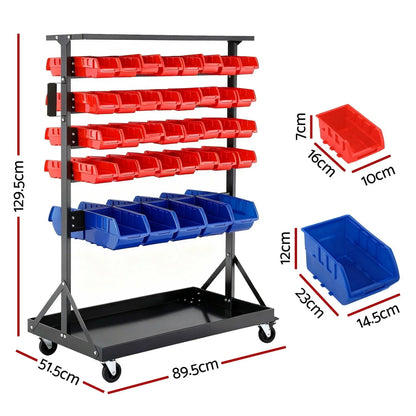 Mobile storage rack with red and blue plastic bins, showing detailed size measurements.