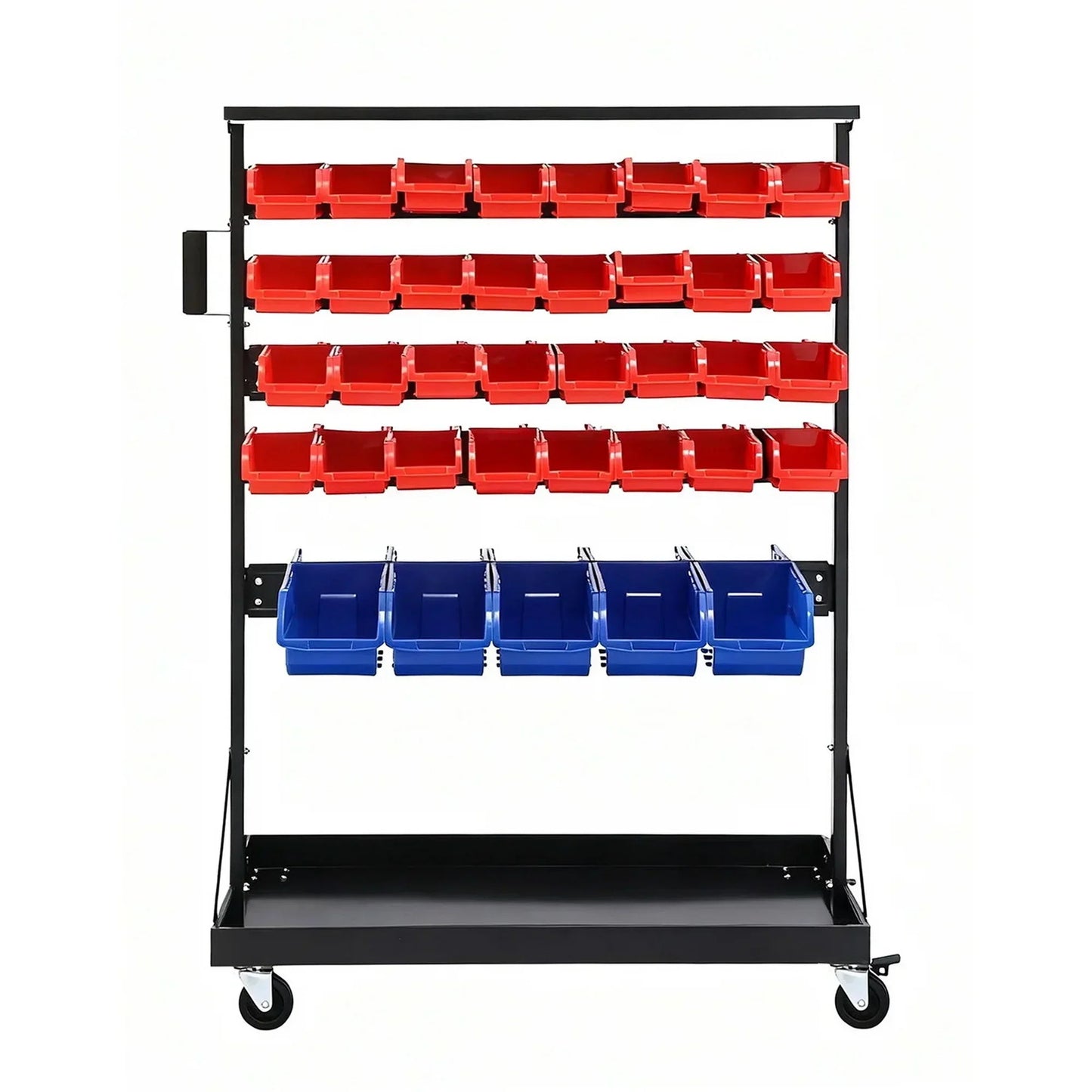 Freestanding metal storage rack with red and blue plastic bins on wheels for garage or workshop
