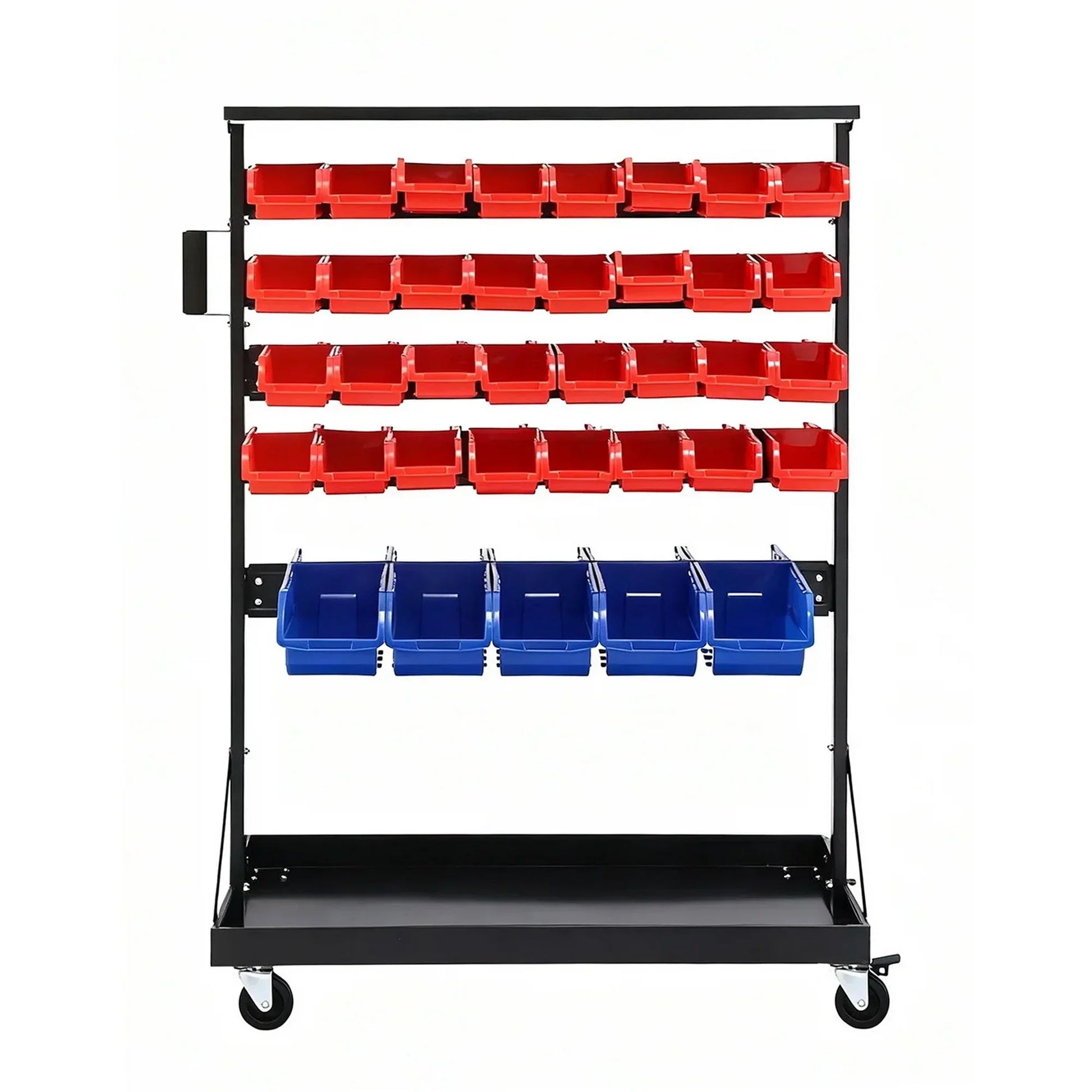 Freestanding metal storage rack with red and blue plastic bins on wheels for garage or workshop