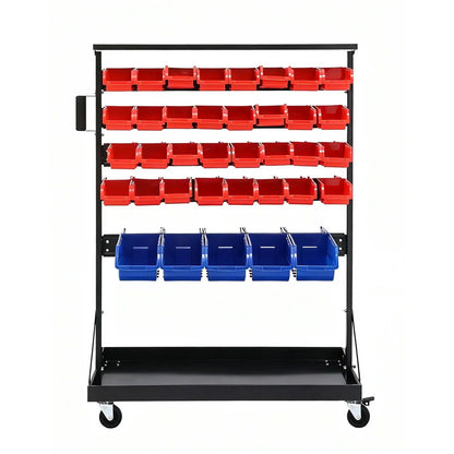 Freestanding metal storage rack with red and blue plastic bins on wheels for garage or workshop