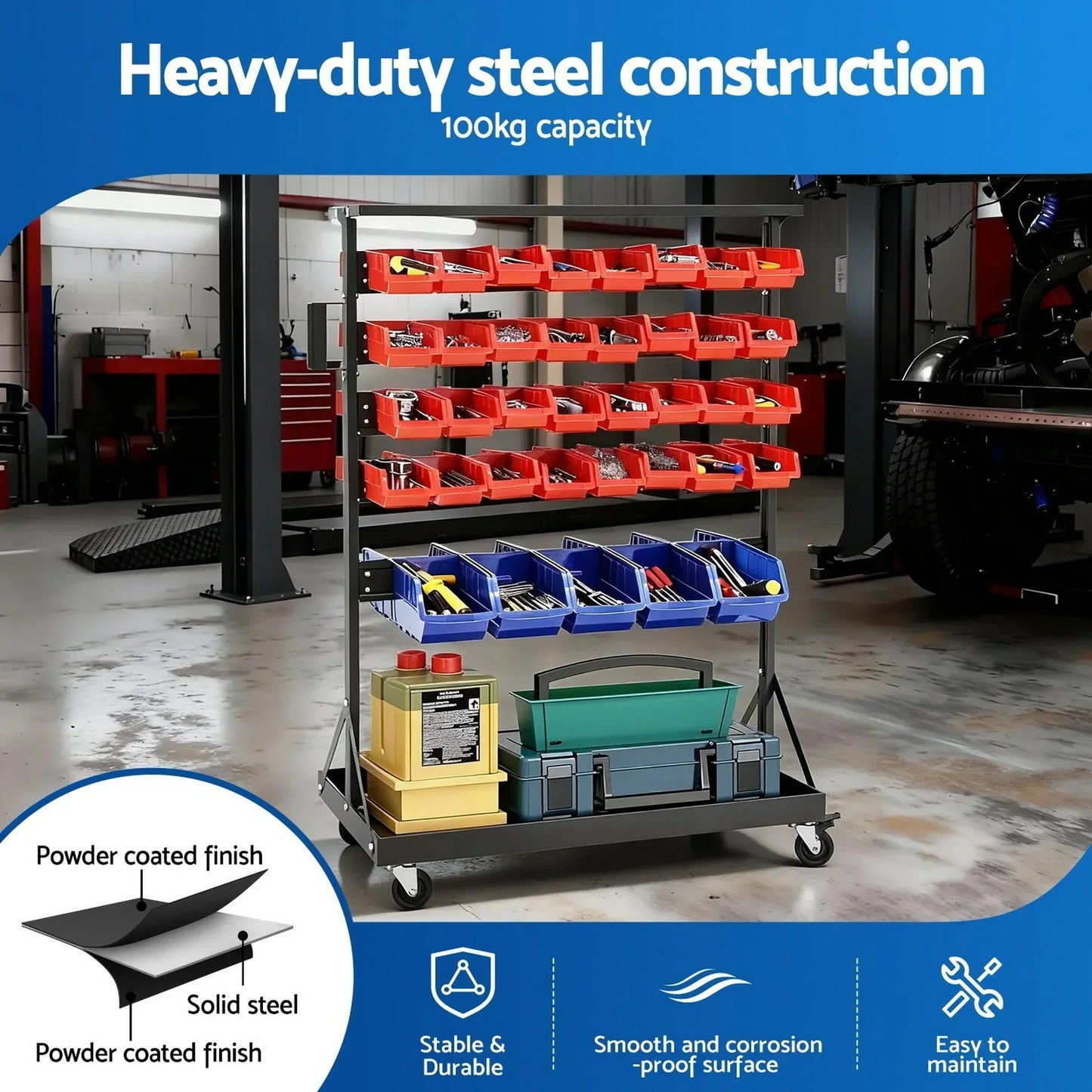 Heavy-duty steel storage rack with red and blue bins for tools and parts in a garage.
