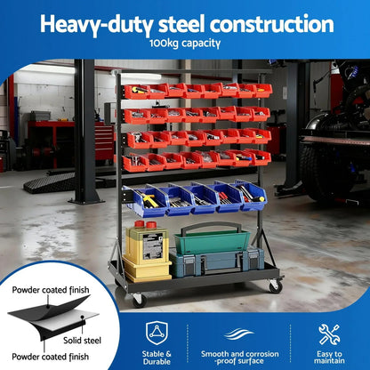 Heavy-duty steel storage rack with red and blue bins for tools and parts in a garage.