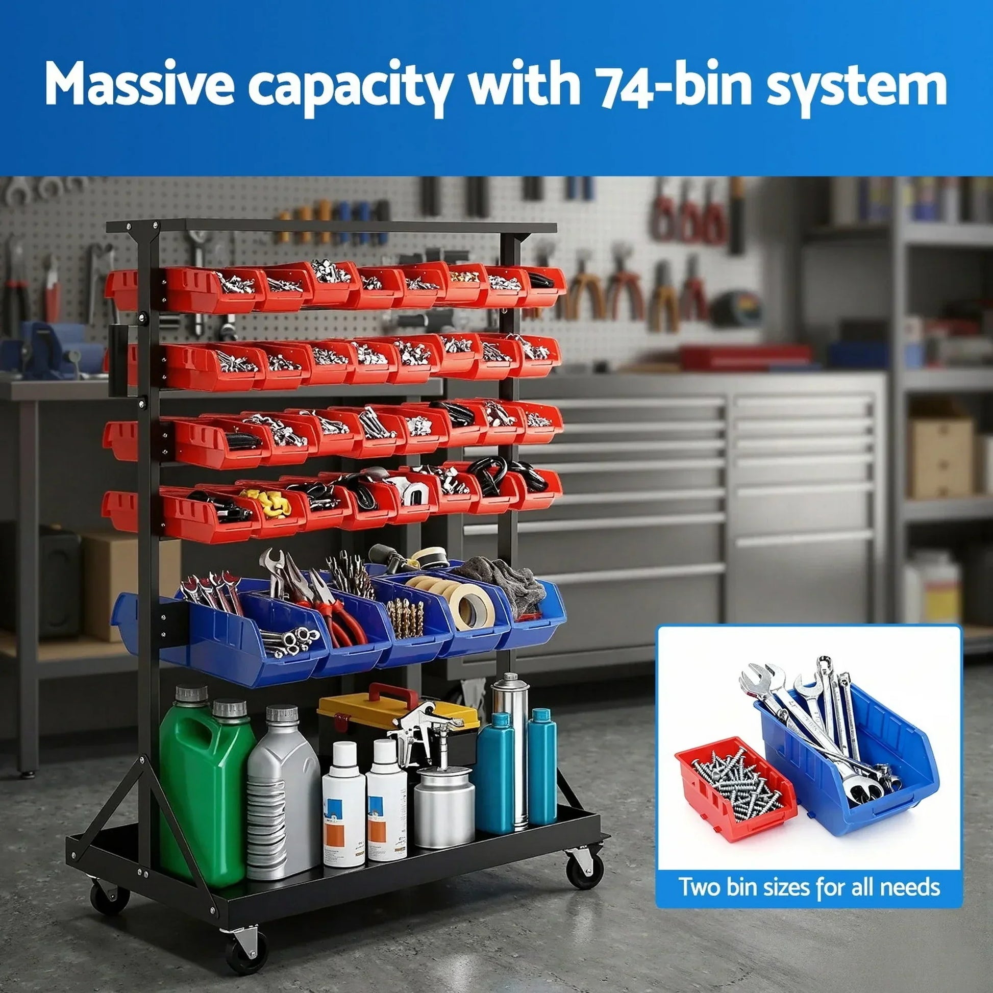 Mobile storage rack with 74 plastic bins for tools, hardware, and workshop supplies