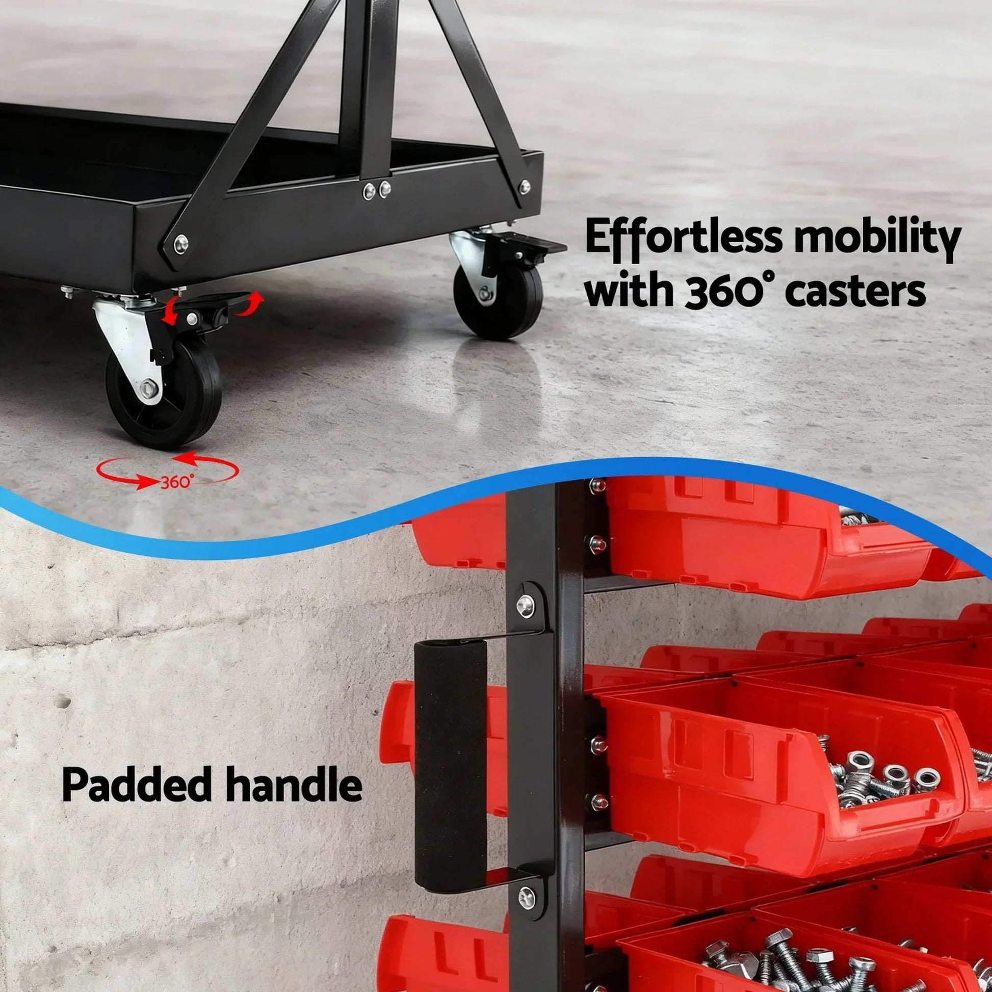 Mobile bin rack with 360-degree casters and padded handle, red storage bins for hardware.
