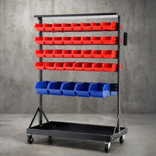 Mobile storage rack with red and blue plastic bins for warehouse or garage organization