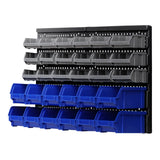 Wall-mounted storage bin rack with grey and blue plastic organizer bins