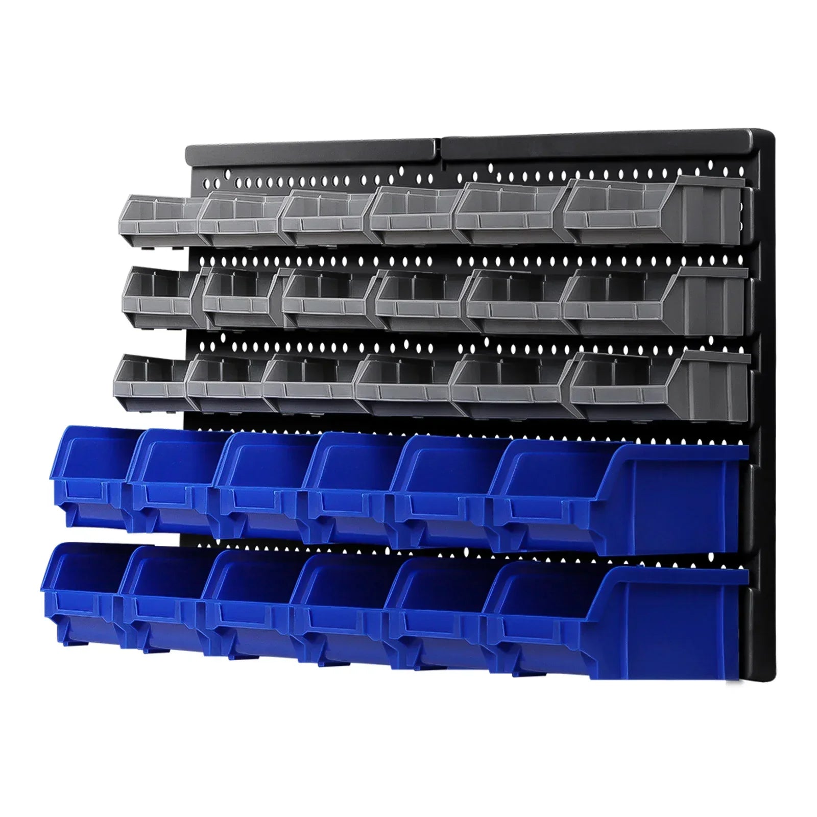 Wall-mounted storage bin rack with grey and blue plastic organizer bins