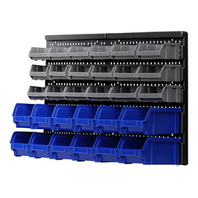 Wall-mounted storage bin rack with grey and blue plastic organizer bins