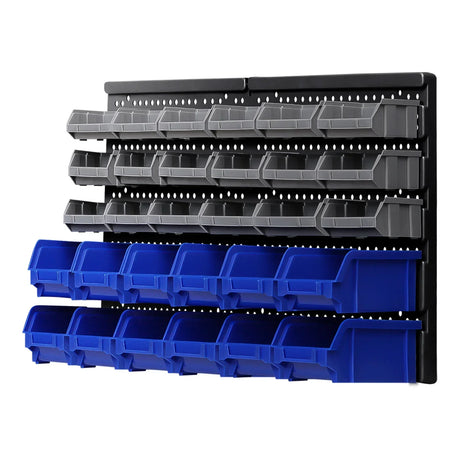 Wall-mounted storage bin rack with grey and blue plastic organizer bins