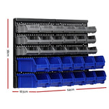 Wall-mounted storage bin rack with grey and blue plastic bins, 64cm wide, 38cm high.
