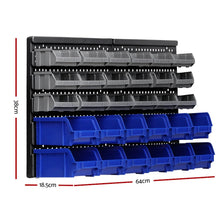 Wall-mounted storage bin rack with grey and blue plastic bins, 64cm wide, 38cm high.