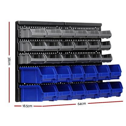 Wall-mounted storage bin rack with grey and blue plastic bins, 64cm wide, 38cm high.