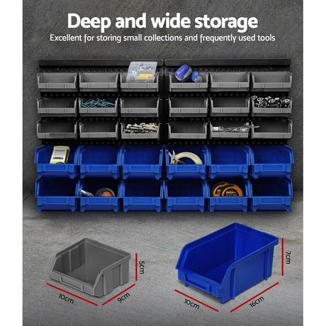 Wall-mounted storage bins with blue and grey containers for organizing tools and hardware