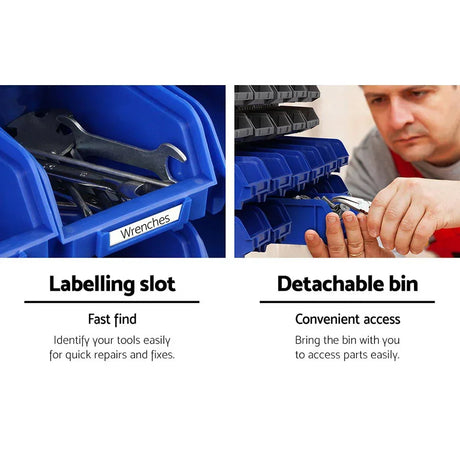 Blue plastic storage bins for tools with labeling slot and detachable bin features, ideal for garage or workshop organization.