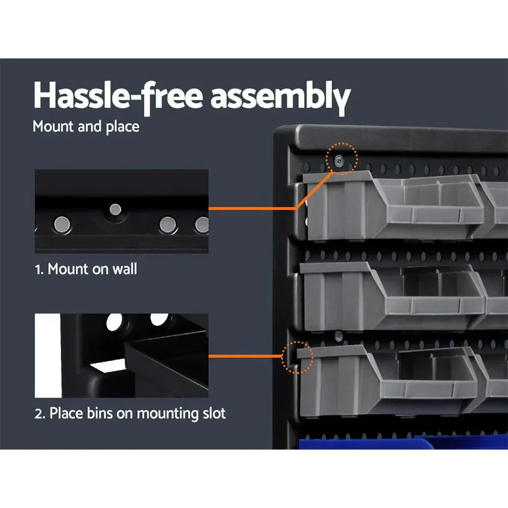 Wall-mounted plastic storage bins with easy assembly instructions, ideal for home organization.