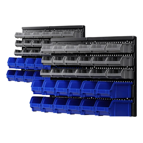 Wall-mounted storage bin rack with gray and blue plastic organiser bins