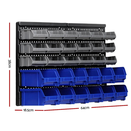 Wall-mounted storage bin organizer with grey and blue plastic bins, 64x38cm dimensions shown