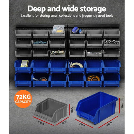 Wall-mounted plastic storage bins in blue and grey for tools and parts, 72kg capacity