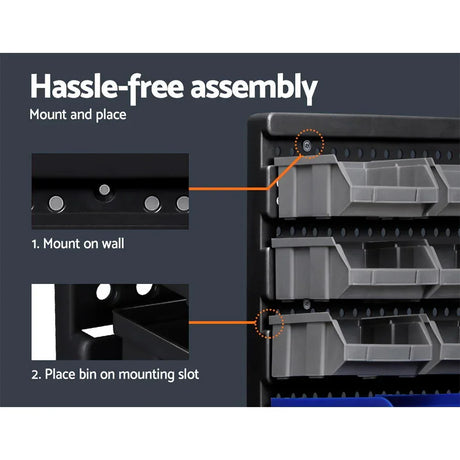 Wall-mounted plastic bin organizer panel with step-by-step installation guide.