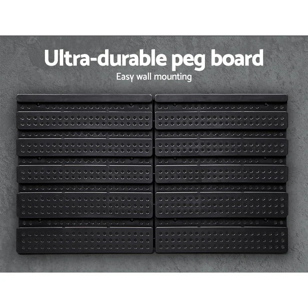 Black ultra-durable wall-mounted peg board with multiple rows for tool storage and organization.