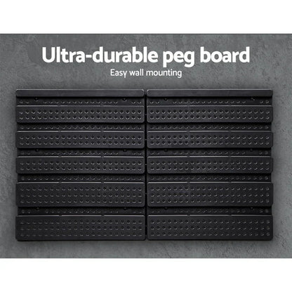 Black ultra-durable wall-mounted peg board with multiple rows for tool storage and organization.