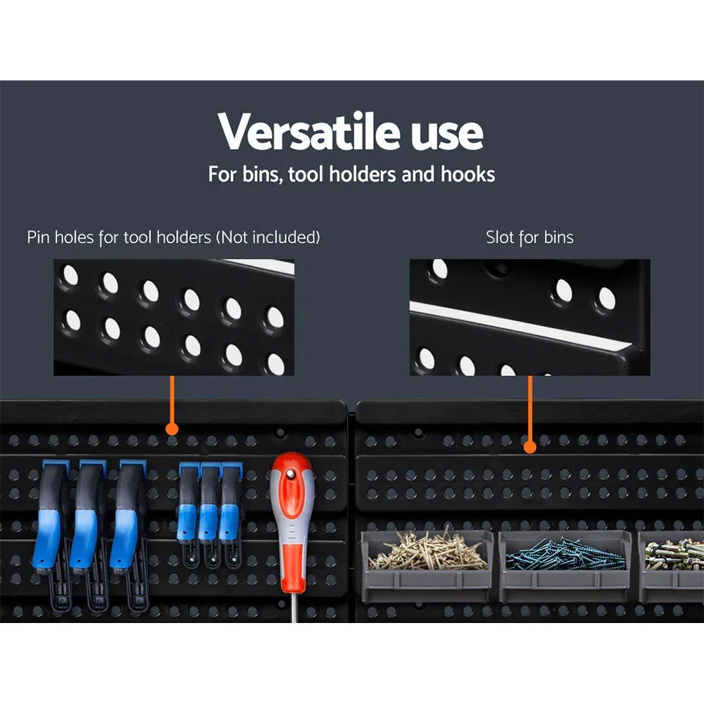 Black wall storage panel with tool holders, hooks, and bins for organising tools and screws.