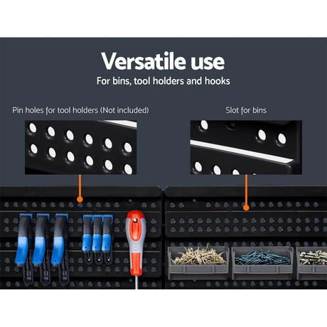 Black wall storage panel with tool holders, hooks, and bins for organising tools and screws.