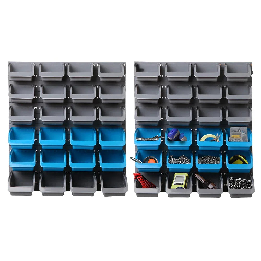 Wall-mounted storage bin racks with grey and blue plastic containers for organizing tools and hardware.