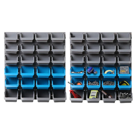 Wall-mounted storage bin racks with grey and blue plastic containers for organizing tools and hardware.