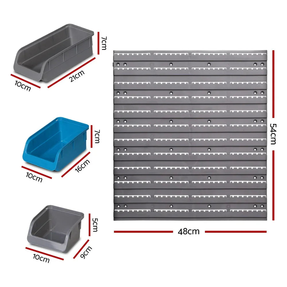 Plastic wall bin storage panel with measurements and three assorted size storage bins