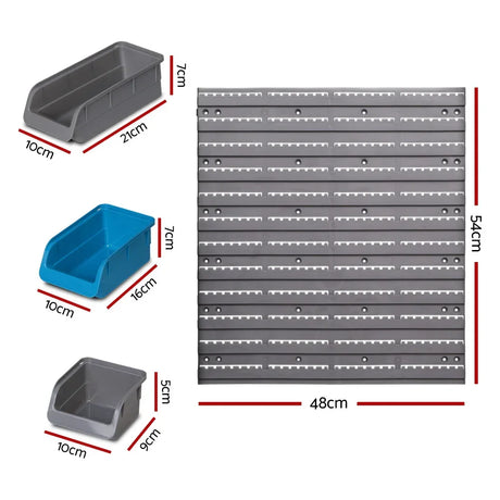 Plastic wall bin storage panel with measurements and three assorted size storage bins