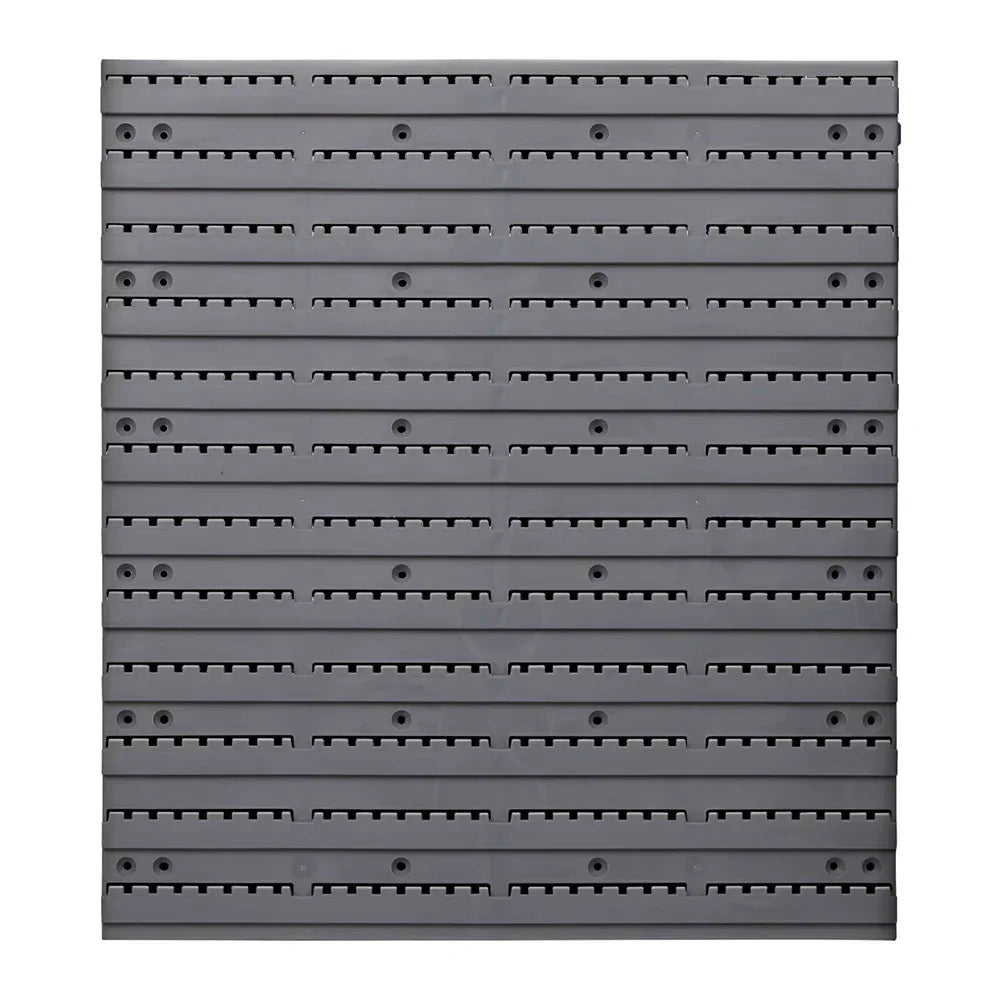 Gray plastic storage bin wall panel with slotted rows and screw holes for mounting