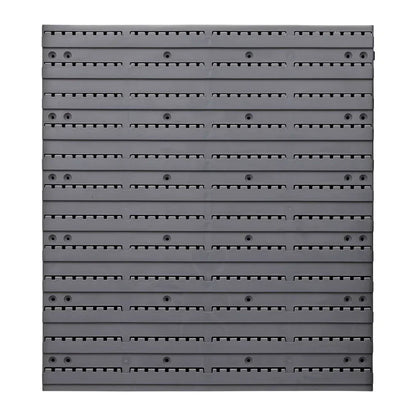 Gray plastic storage bin wall panel with slotted rows and screw holes for mounting