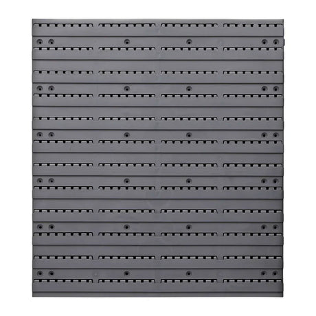 Gray plastic storage bin wall panel with slotted rows and screw holes for mounting