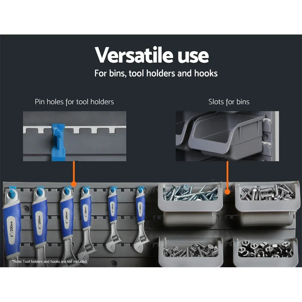 Versatile storage wall panel with slots for bins, tool holders, and hooks organizing tools and screws