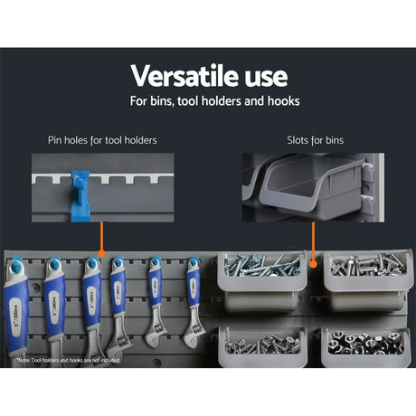 Versatile storage wall panel with slots for bins, tool holders, and hooks organizing tools and screws