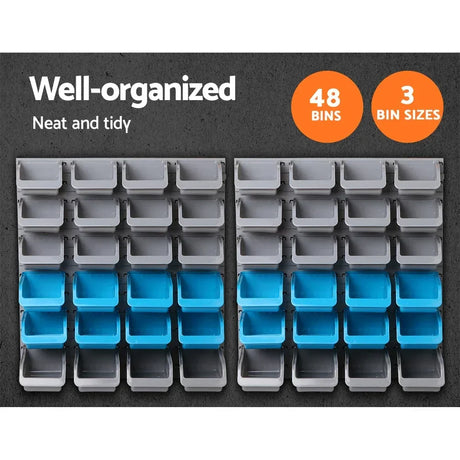 Wall-mounted storage organizer with 48 gray and blue plastic bins, three bin sizes