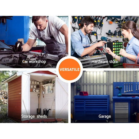Collage of car workshop, hardware store, storage shed, and garage with versatile use text.