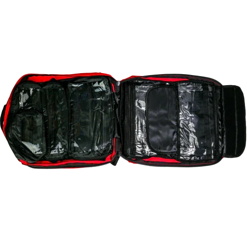 Open red and black organizer bag with multiple clear zipper pockets, empty compartments