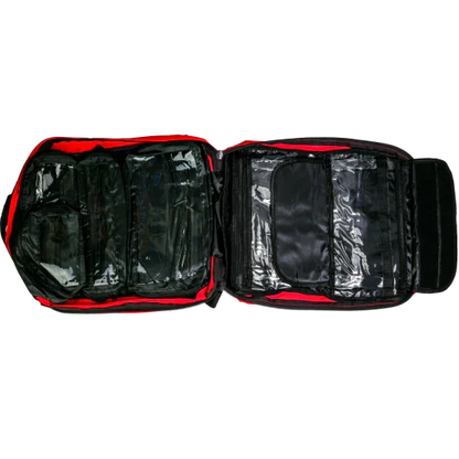 Open red and black organizer bag with multiple clear zipper pockets, empty compartments