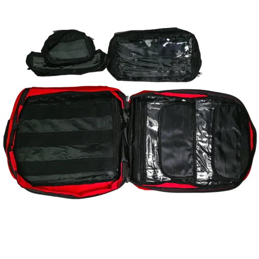 Open red and black organizer bag with detachable clear storage pouches for travel or gear