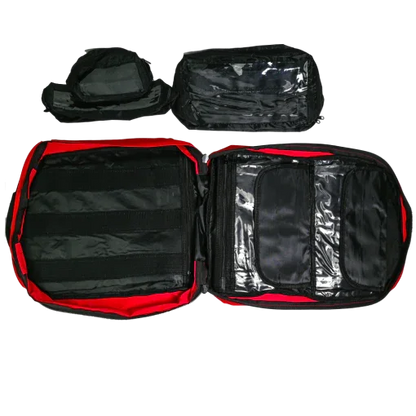 Open red and black organizer bag with detachable clear storage pouches for travel or gear