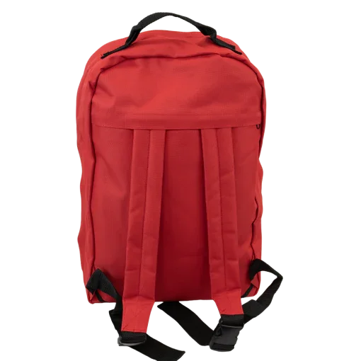 Red backpack with adjustable shoulder straps and top handle, plain design, isolated view