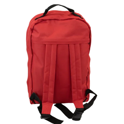 Red backpack with adjustable shoulder straps and top handle, plain design, isolated view