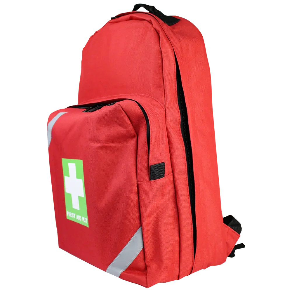 Red first aid kit backpack with side pockets and reflective strips, emergency supplies bag