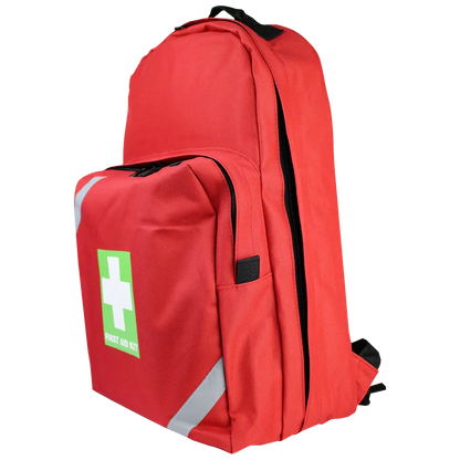 Red first aid kit backpack with side pockets and reflective strips, emergency supplies bag
